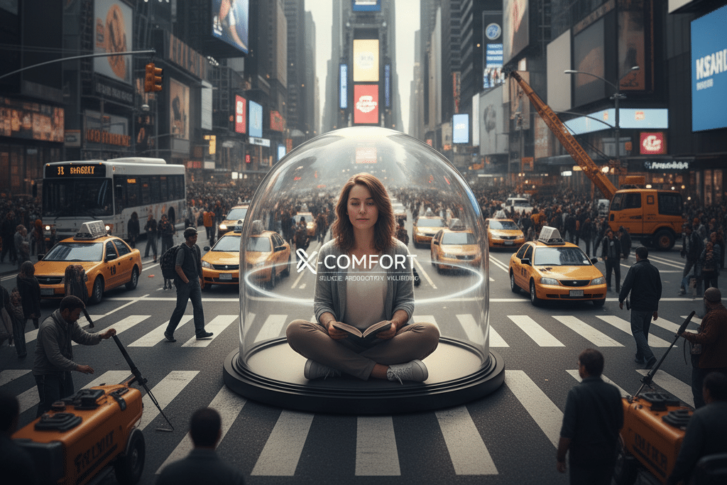 Woman reads in a glass dome on a busy city street, surrounded by taxis and skyscrapers, illustrating urban escape.
