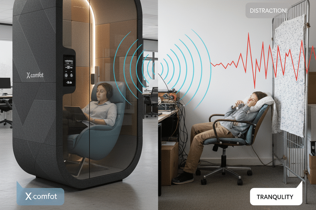 Soundproof pod and workspace comparison; woman relaxed in pod with minimal noise, man distracted by loud sound.