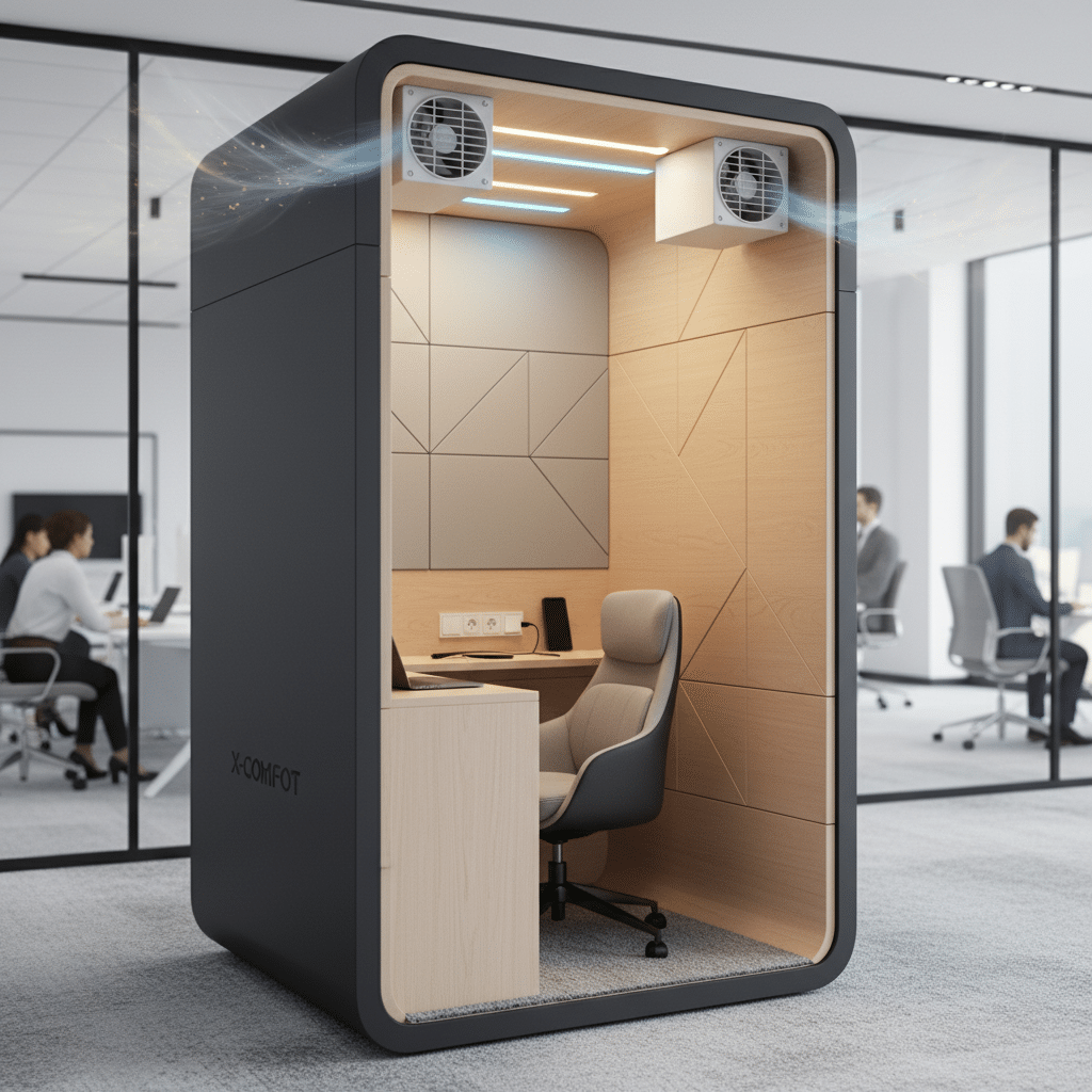 Modern office soundproof pod with comfortable chair, desk, and ventilation, offering private workspace in a busy office environment.