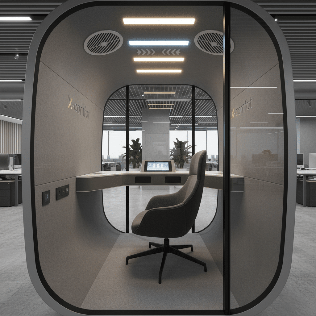 Modern office privacy pod with office chair, desk, and digital controls, designed for optimal comfort and focus in open workspaces.