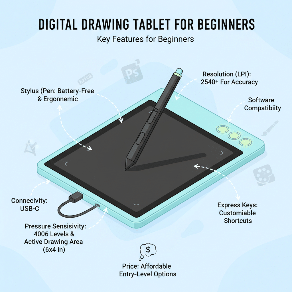 ai-photo-studio-1763062805761-1 Digital drawing tablet for beginners with ergonomic stylus, 2540+ LPI resolution, USB-C, 4006 pressure levels, and customizable shortcuts. | Sky Rye Design Digital drawing tablet for beginners with ergonomic stylus, 2540+ LPI resolution, USB-C, 4006 pressure levels, and customizable shortcuts.