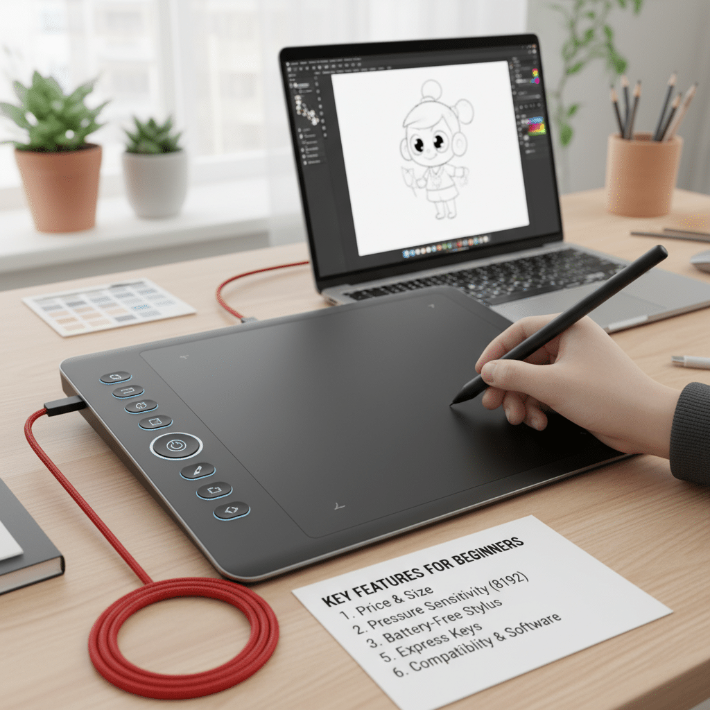 ai-photo-studio-1763062807293-2 Digital drawing tablet in use with a laptop displaying art software, featuring a stylus and a list of key features for beginners. | Sky Rye Design Digital drawing tablet in use with a laptop displaying art software, featuring a stylus and a list of key features for beginners.