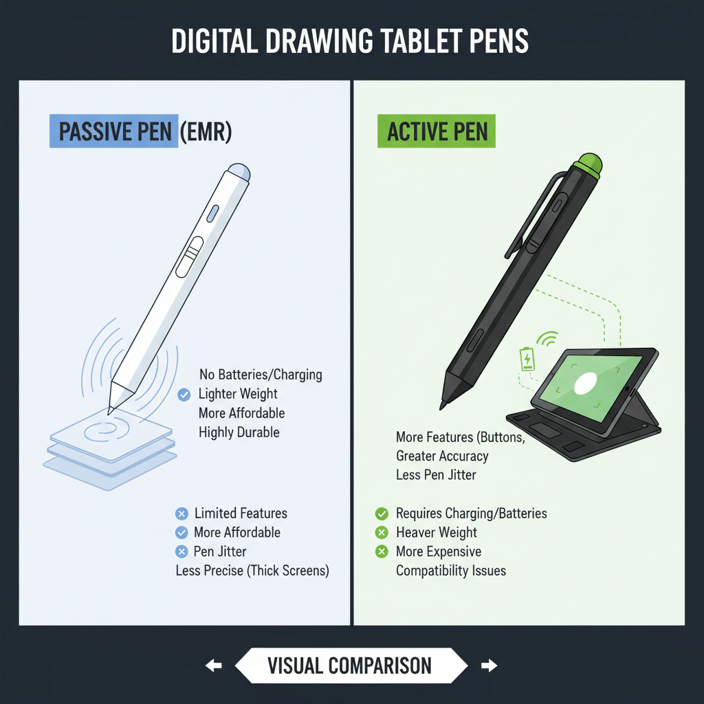 ai-photo-studio-1763062917336-1 Visual comparison of passive and active digital drawing tablet pens: features, weight, affordability, durability, accuracy, and charging needs. | Sky Rye Design Visual comparison of passive and active digital drawing tablet pens: features, weight, affordability, durability, accuracy, and charging needs.