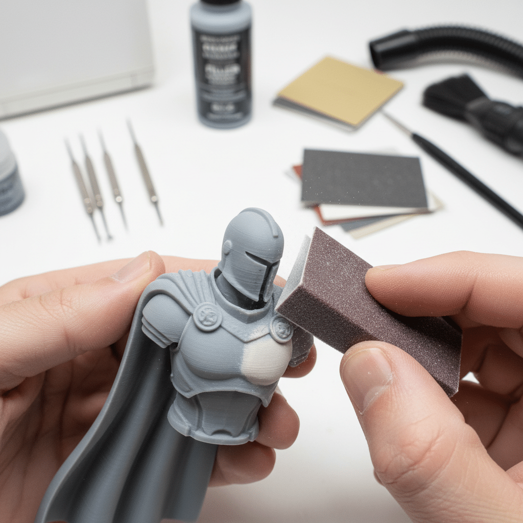 ai-photo-studio-1763064036121-2 Person sanding a 3D-printed figurine with tools and paint nearby, preparing it for painting and finishing touches. | Sky Rye Design Person sanding a 3D-printed figurine with tools and paint nearby, preparing it for painting and finishing touches.