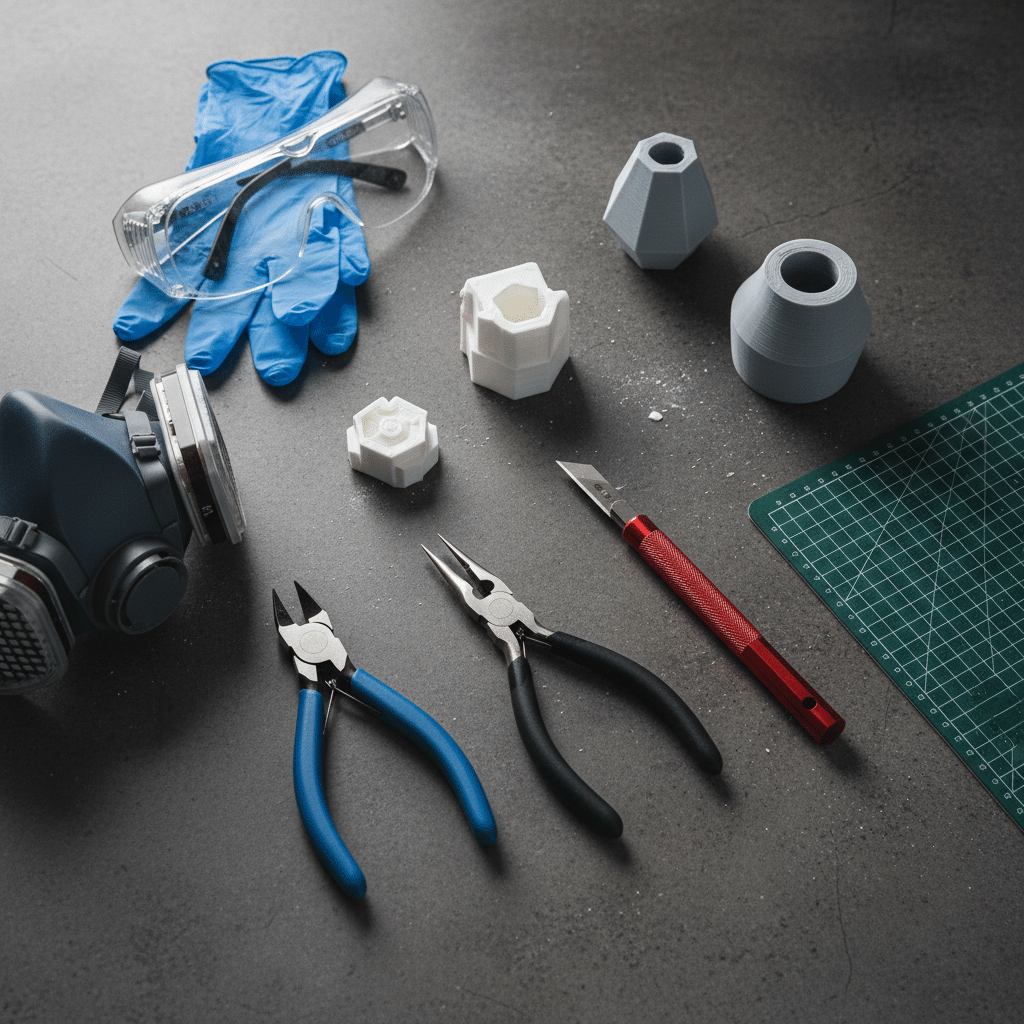 ai-photo-studio-1763064148429-1 Crafting toolkit with gloves, goggles, respirator, precision knife, pliers, cutting mat, and 3D-printed parts on a workspace table. | Sky Rye Design Crafting toolkit with gloves, goggles, respirator, precision knife, pliers, cutting mat, and 3D-printed parts on a workspace table.