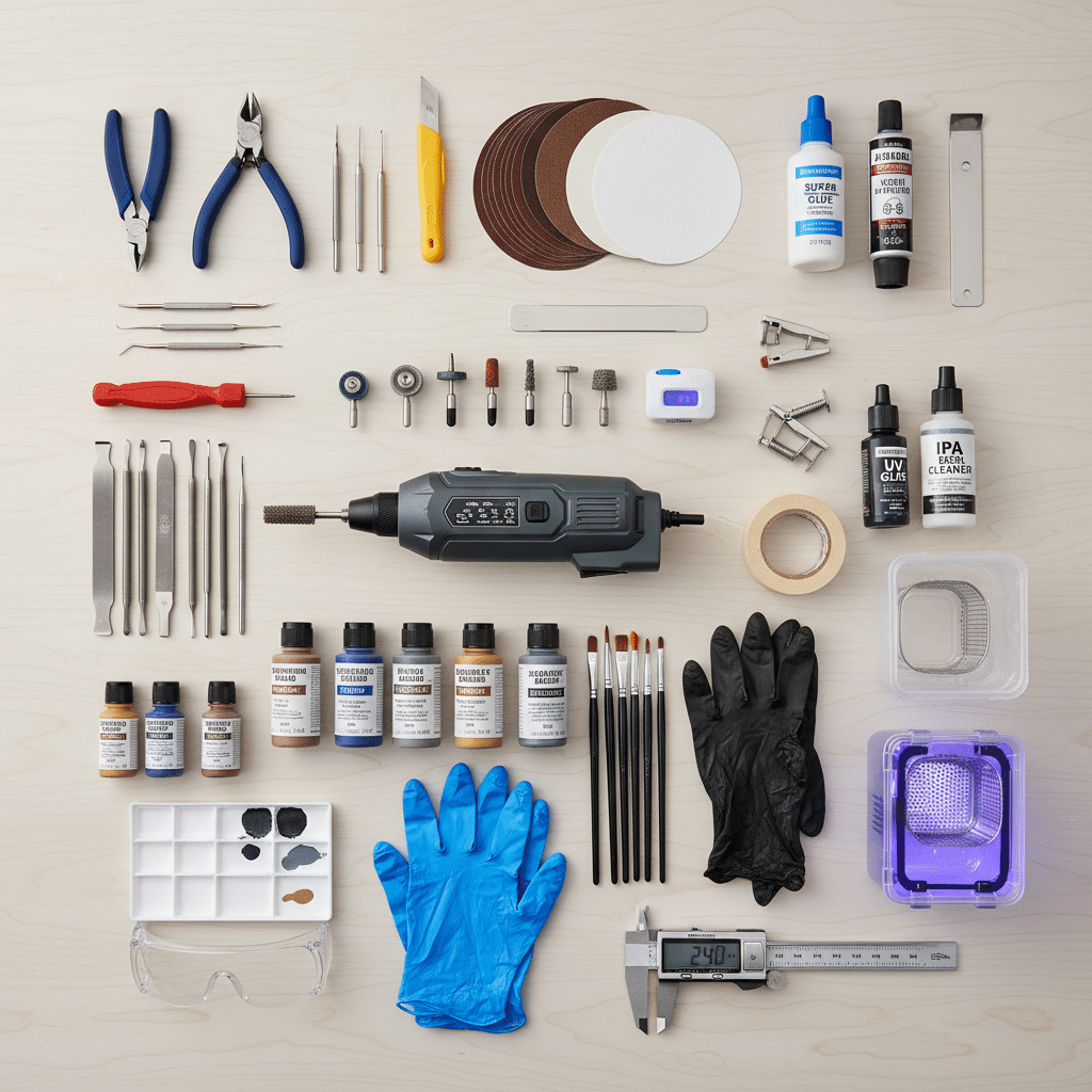 ai-photo-studio-1763064150245-2 Assorted DIY tools and supplies including a rotary tool, pliers, brushes, paints, gloves, and cleaning solutions on a wooden table. | Sky Rye Design Assorted DIY tools and supplies including a rotary tool, pliers, brushes, paints, gloves, and cleaning solutions on a wooden table.