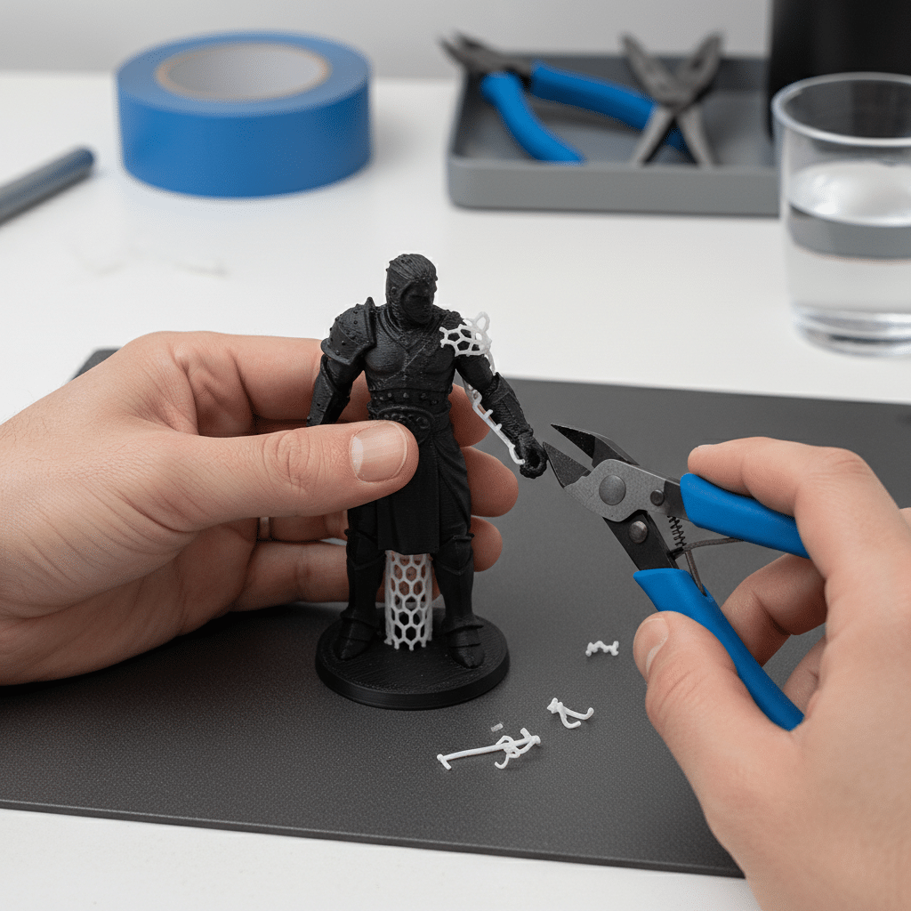 ai-photo-studio-1763064225852-1 Person removing 3D printer supports from a black figurine using pliers, with tools visible in the background on a white table. | Sky Rye Design Person removing 3D printer supports from a black figurine using pliers, with tools visible in the background on a white table.