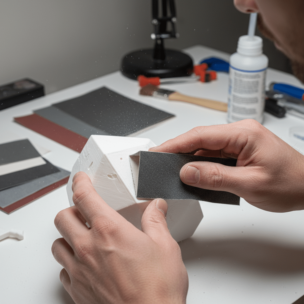 ai-photo-studio-1763064297348-1 Hands sanding a geometric model on a desk with tools and materials, illustrating a detailed model-making process in a workshop setting. | Sky Rye Design Hands sanding a geometric model on a desk with tools and materials, illustrating a detailed model-making process in a workshop setting.