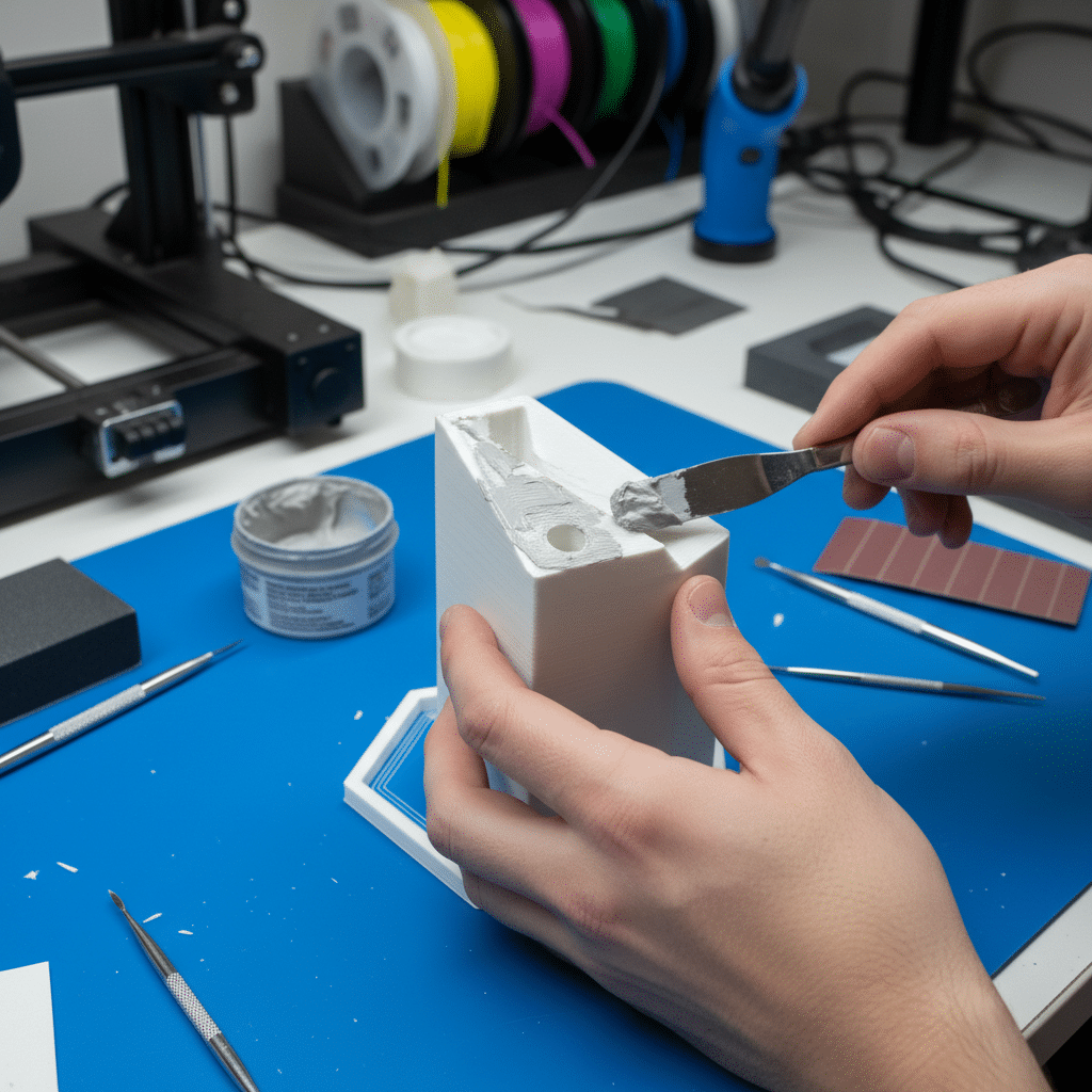 ai-photo-studio-1763064298994-2 Person smoothing a 3D printed object using filler on a workbench, with tools and filaments in the background. | Sky Rye Design Person smoothing a 3D printed object using filler on a workbench, with tools and filaments in the background.