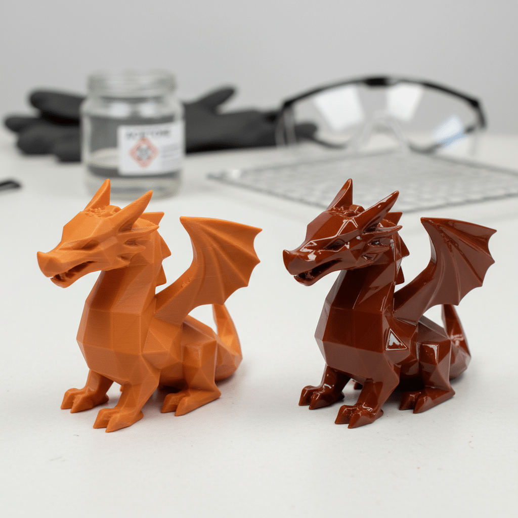 ai-photo-studio-1763064321358-1 Two 3D printed dragon models, one orange and one brown, on a desk with safety equipment in the background. | Sky Rye Design Two 3D printed dragon models, one orange and one brown, on a desk with safety equipment in the background.