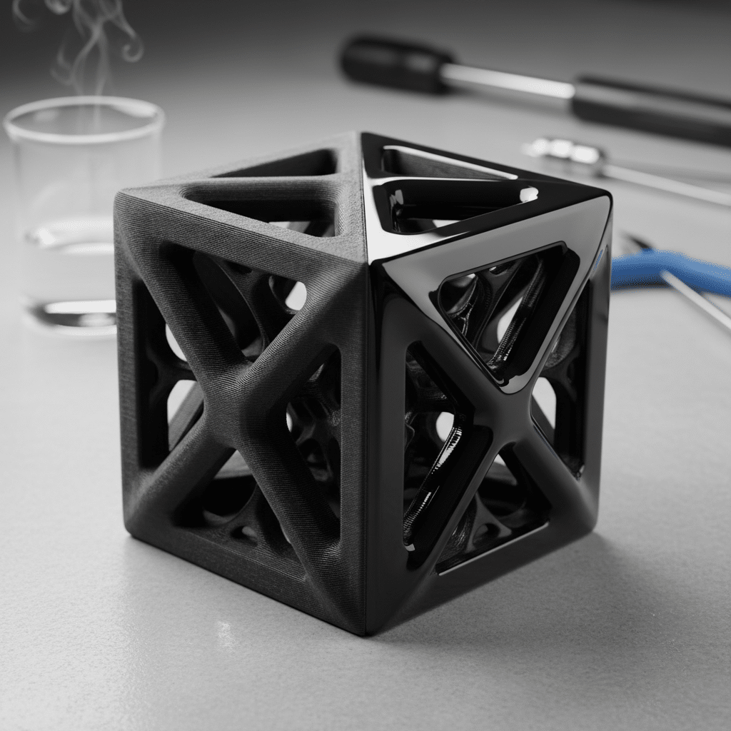 ai-photo-studio-1763064323212-2 Geometric black cube sculpture with glossy and matte finishes, placed on a table alongside tools and a steaming glass in the background. | Sky Rye Design Geometric black cube sculpture with glossy and matte finishes, placed on a table alongside tools and a steaming glass in the background.