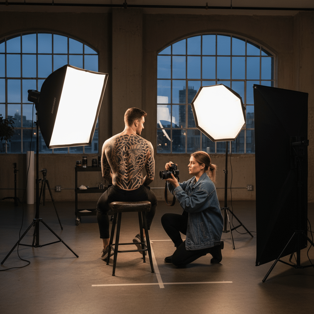 ai-photo-studio-1763065332408-1 Photographer capturing a tattooed man's back in a studio, using professional lighting equipment for a creative photoshoot. | Sky Rye Design Photographer capturing a tattooed man's back in a studio, using professional lighting equipment for a creative photoshoot.