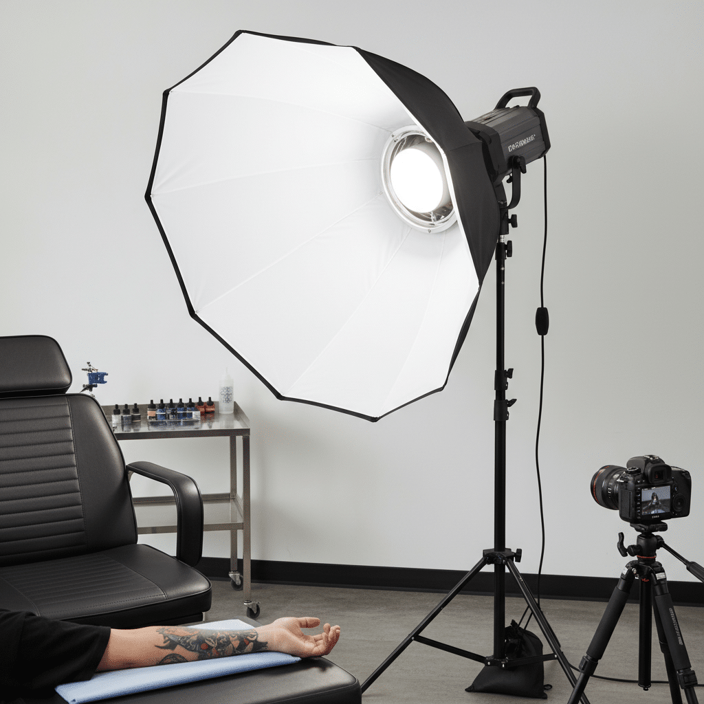 ai-photo-studio-1763065418557-2 Photography setup in a tattoo studio with a bright softbox, camera, and tattoo inks on a table next to a client on a black chair. | Sky Rye Design Photography setup in a tattoo studio with a bright softbox, camera, and tattoo inks on a table next to a client on a black chair.