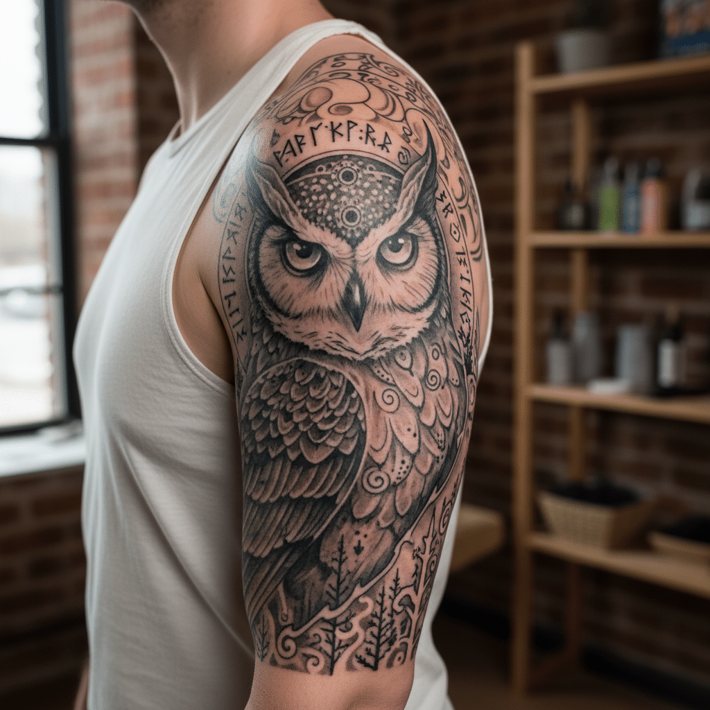 ai-photo-studio-1763065600889-1 Arm tattoo of a detailed owl with intricate designs on a person's upper arm. Background shows a brick wall and shelves. | Sky Rye Design Arm tattoo of a detailed owl with intricate designs on a person's upper arm. Background shows a brick wall and shelves.