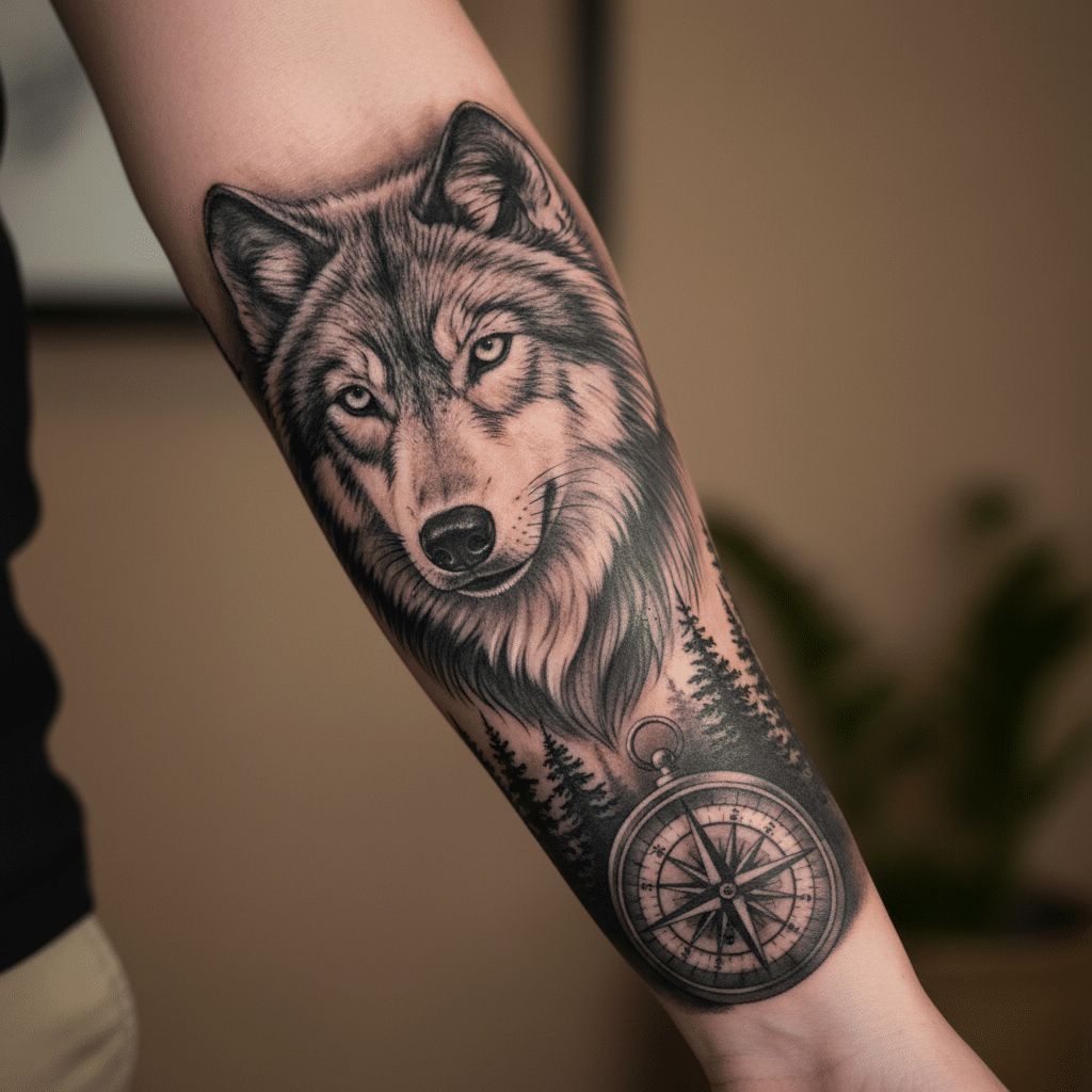 ai-photo-studio-1763065602663-2 Arm tattoo featuring a detailed wolf face, pine trees, and a compass, symbolizing guidance and strength in a monochrome design. | Sky Rye Design Arm tattoo featuring a detailed wolf face, pine trees, and a compass, symbolizing guidance and strength in a monochrome design.