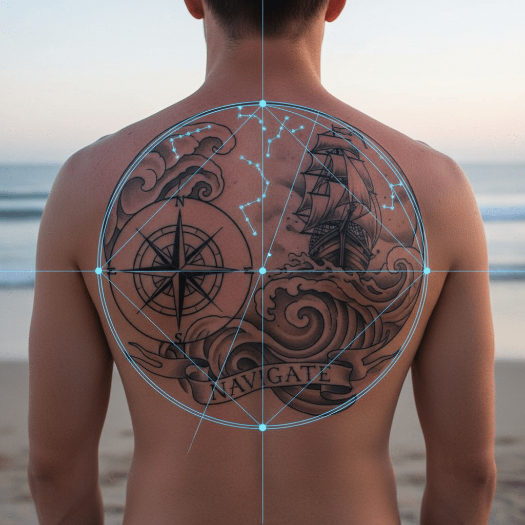ai-photo-studio-1763065654092-1 Back tattoo of a nautical compass, ship, and ocean waves on a beach backdrop, symbolizing navigation and exploration. | Sky Rye Design Back tattoo of a nautical compass, ship, and ocean waves on a beach backdrop, symbolizing navigation and exploration.
