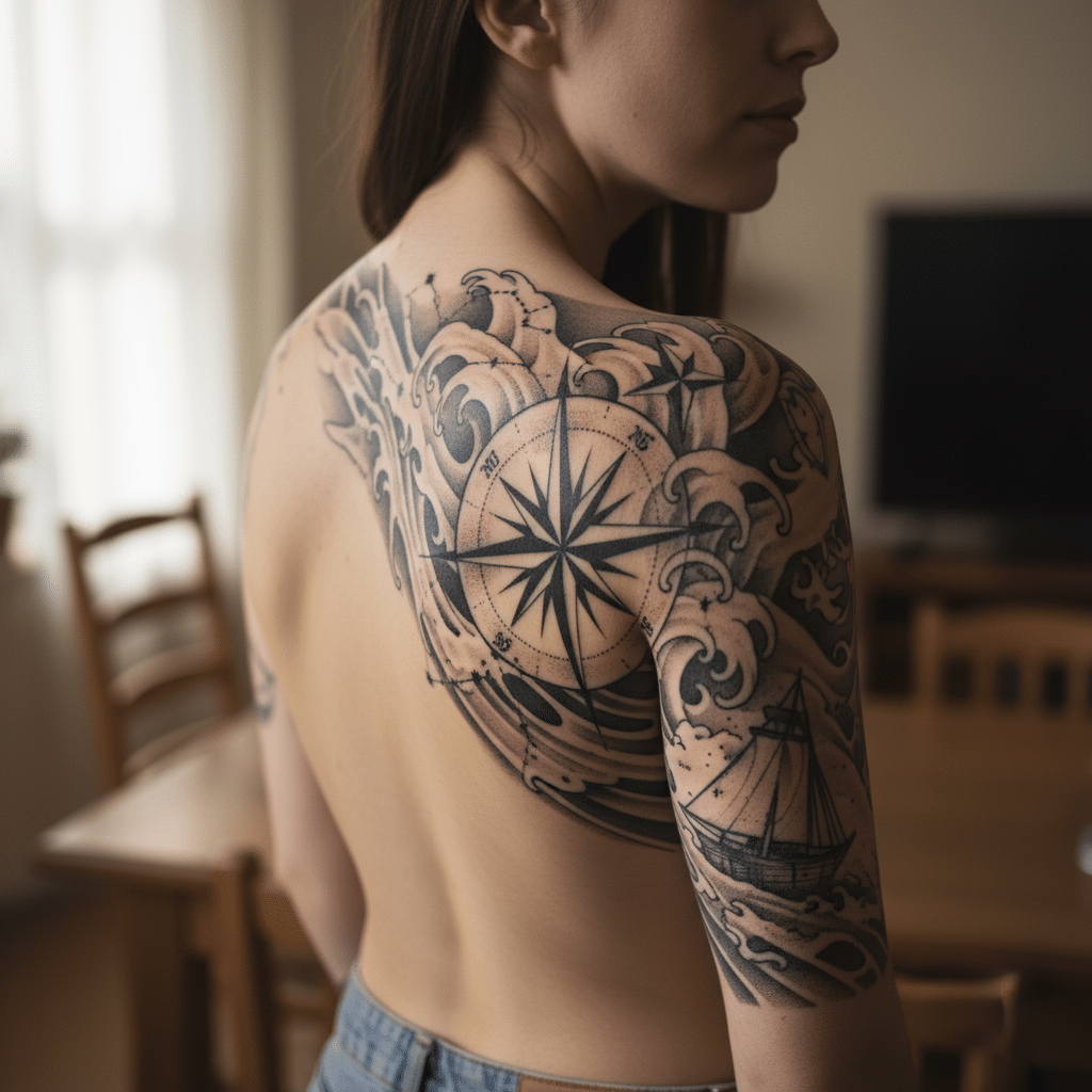 ai-photo-studio-1763065660499-2 Person displaying a detailed nautical-themed tattoo on their back, featuring a compass rose, waves, and a sailing ship design indoors. | Sky Rye Design Person displaying a detailed nautical-themed tattoo on their back, featuring a compass rose, waves, and a sailing ship design indoors.