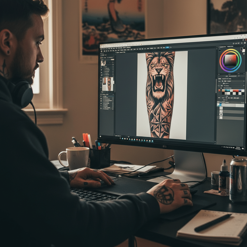 ai-photo-studio-1763065793419-1 Tattoo artist designs roaring lion tattoo on computer, surrounded by tools and sketches in a creative workspace. | Sky Rye Design Tattoo artist designs roaring lion tattoo on computer, surrounded by tools and sketches in a creative workspace.