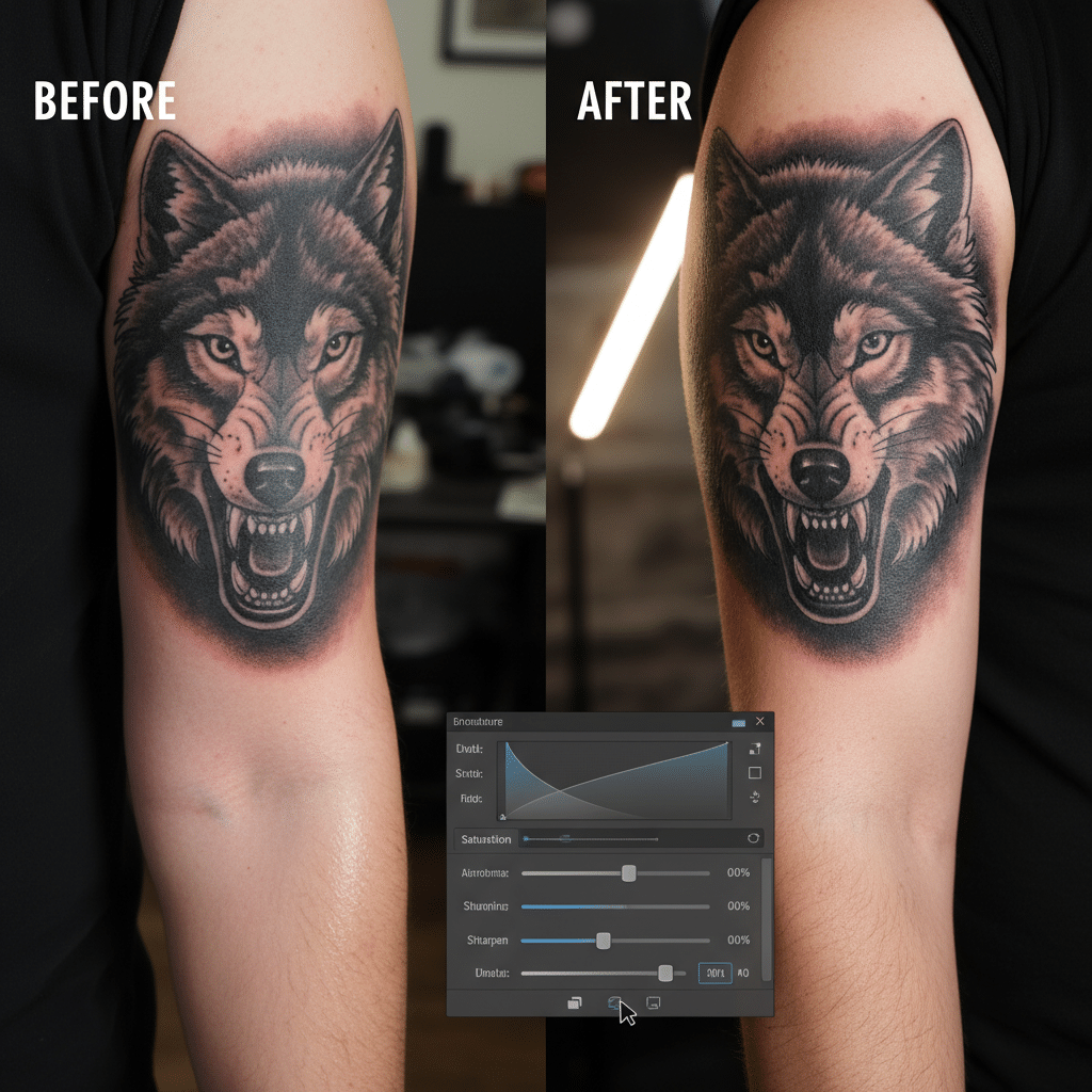 ai-photo-studio-1763065938231-1 Before and after comparison of a wolf tattoo on arm, enhanced detailing and contrast with digital adjustments shown. | Sky Rye Design Before and after comparison of a wolf tattoo on arm, enhanced detailing and contrast with digital adjustments shown.
