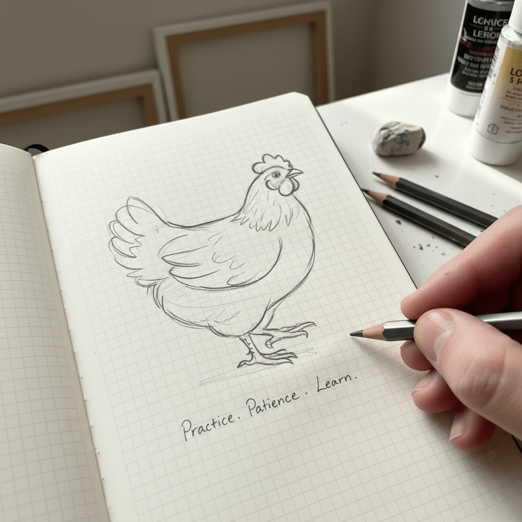 Hand sketching a chicken in a notebook with Practice. Patience. Learn. caption. Drawing pencils and eraser are nearby on the desk.
