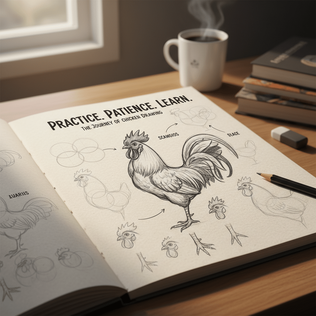 Pencil sketchbook showing steps to draw a chicken, surrounded by coffee and books, with a focus on sketching practice and learning.