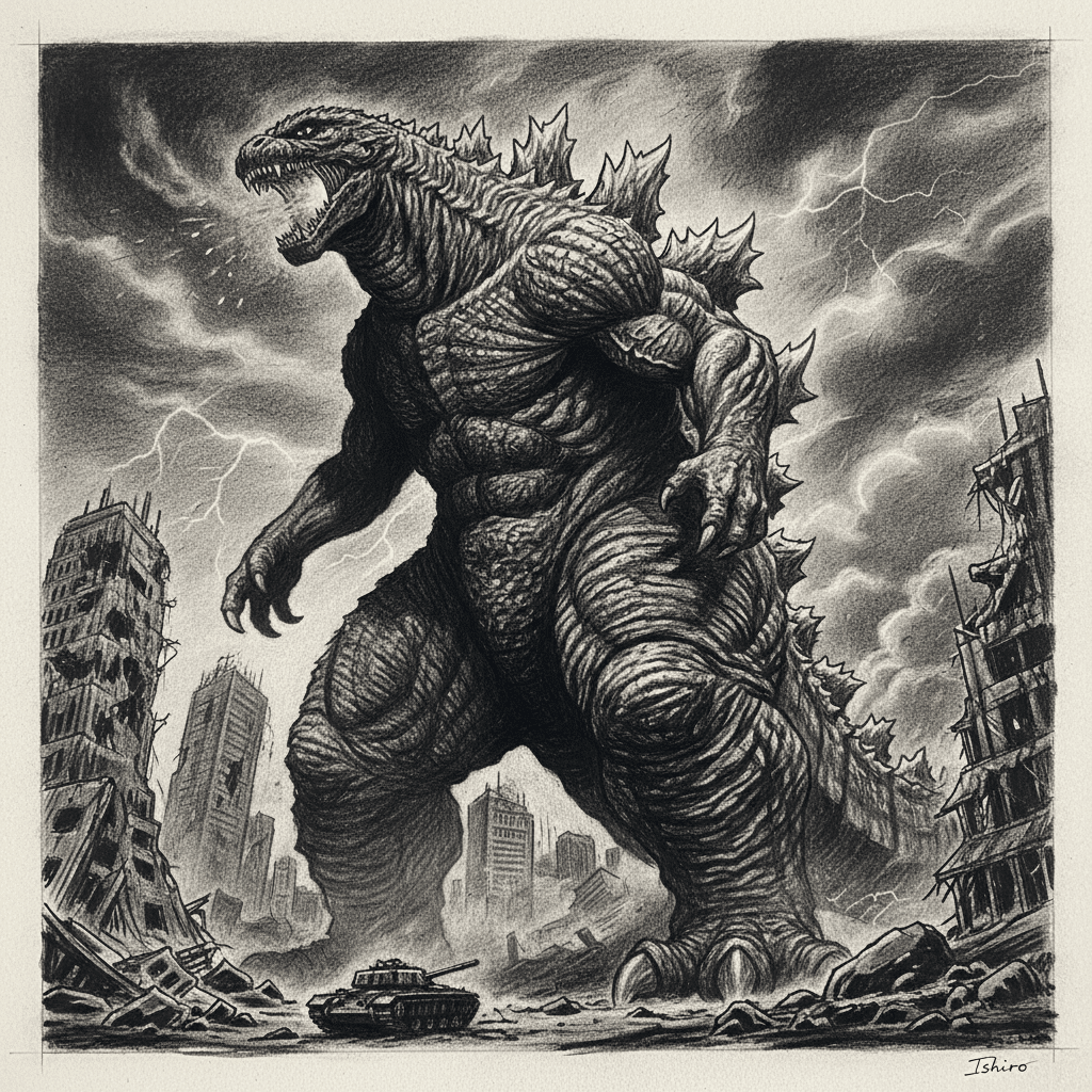ai-photo-studio-1763143515953-1 Giant monster roars amid a ruined cityscape, with dramatic skies and lightning, facing a tank amidst destruction and chaos. | Sky Rye Design Giant monster roars amid a ruined cityscape, with dramatic skies and lightning, facing a tank amidst destruction and chaos.