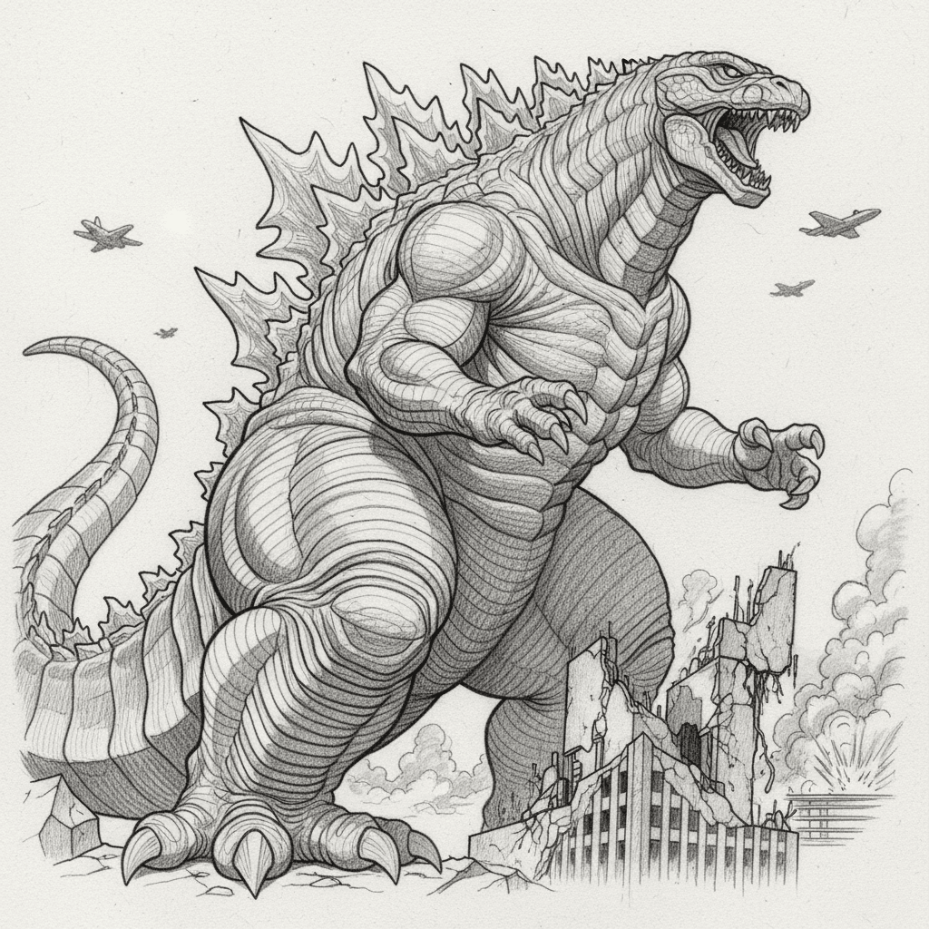 ai-photo-studio-1763143527253-2 Pencil sketch of a giant monster towering over city ruins with jets flying around, capturing a scene of chaos and destruction. | Sky Rye Design Pencil sketch of a giant monster towering over city ruins with jets flying around, capturing a scene of chaos and destruction.