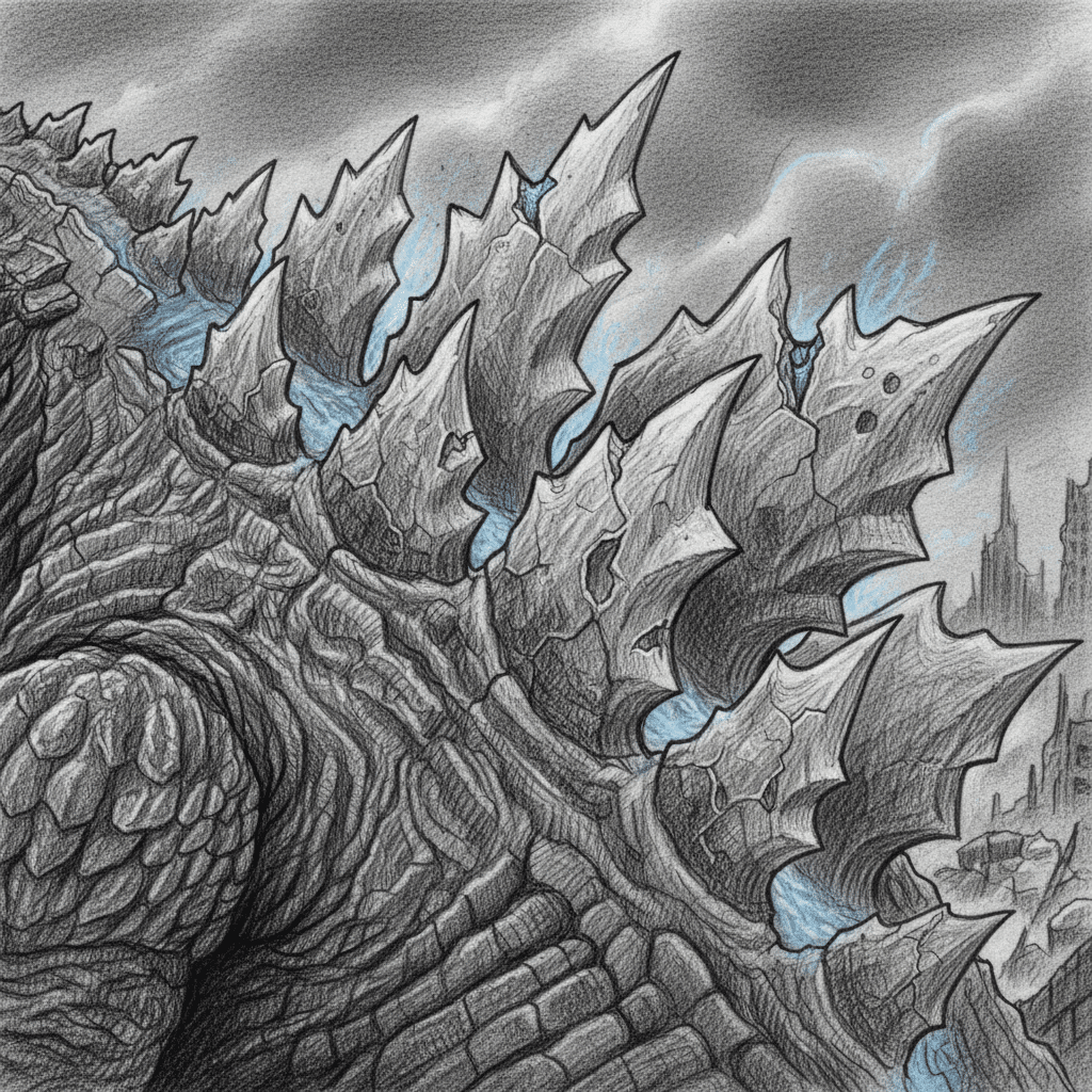 ai-photo-studio-1763143714747-2 Detailed sketch of a giant monster with jagged, spiky scales against a stormy sky, capturing a dramatic, post-apocalyptic scene. | Sky Rye Design Detailed sketch of a giant monster with jagged, spiky scales against a stormy sky, capturing a dramatic, post-apocalyptic scene.