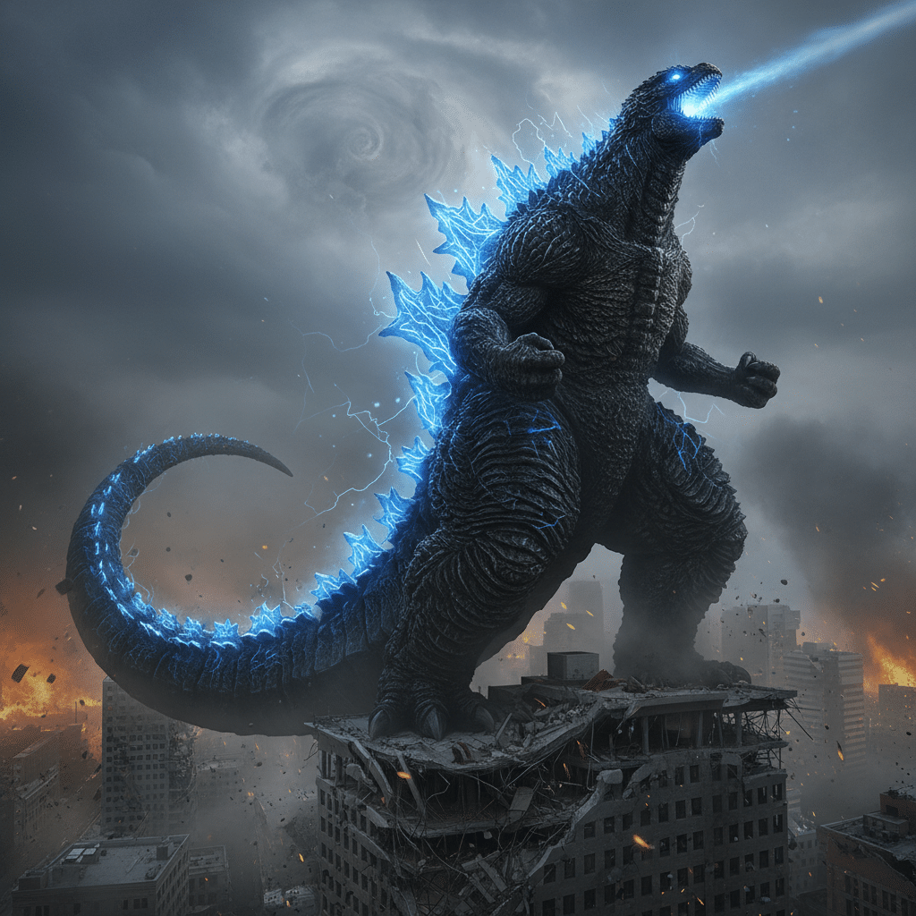 ai-photo-studio-1763143844607-1 Giant monster with glowing blue spikes breathes energy beam atop a demolished cityscape, amidst stormy skies and burning buildings. | Sky Rye Design Giant monster with glowing blue spikes breathes energy beam atop a demolished cityscape, amidst stormy skies and burning buildings.