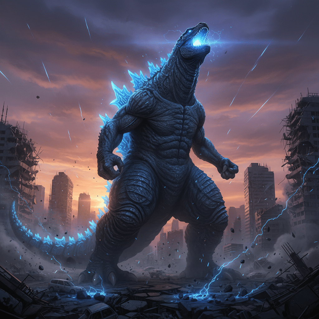 ai-photo-studio-1763143846556-2 Giant monster with glowing blue spikes stands in a destroyed cityscape at sunset, surrounded by electrical energy and debris. | Sky Rye Design Giant monster with glowing blue spikes stands in a destroyed cityscape at sunset, surrounded by electrical energy and debris.