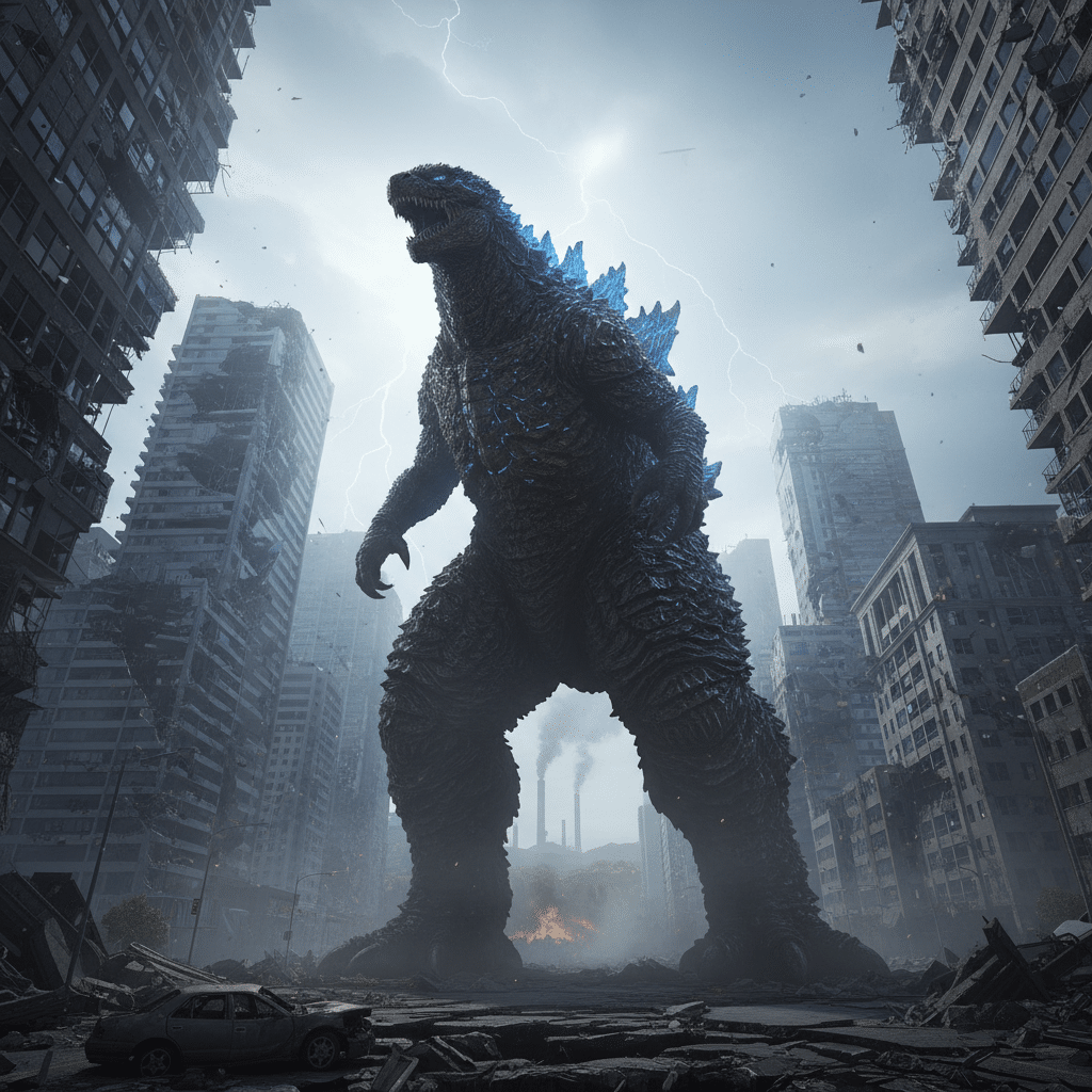 ai-photo-studio-1763144037122-1 Giant monster in a cityscape with lightning, towering over crumbling buildings and debris. | Sky Rye Design Giant monster in a cityscape with lightning, towering over crumbling buildings and debris.