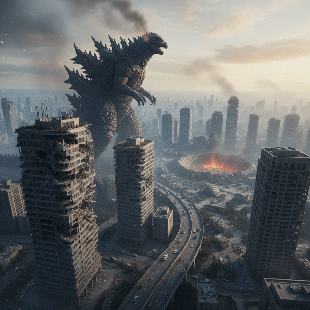 ai-photo-studio-1763144128653-2 Giant creature towers over a city skyline, amidst smoking, damaged skyscrapers and a fiery crater, creating an apocalyptic scene. | Sky Rye Design Giant creature towers over a city skyline, amidst smoking, damaged skyscrapers and a fiery crater, creating an apocalyptic scene.