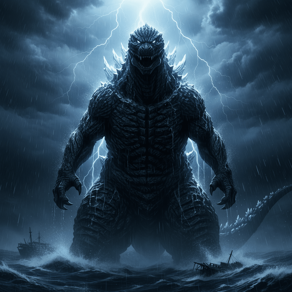 ai-photo-studio-1763144203002-2 Giant monster emerges from the ocean amidst a storm, illuminated by lightning, with a sunken ship nearby. | Sky Rye Design Giant monster emerges from the ocean amidst a storm, illuminated by lightning, with a sunken ship nearby.