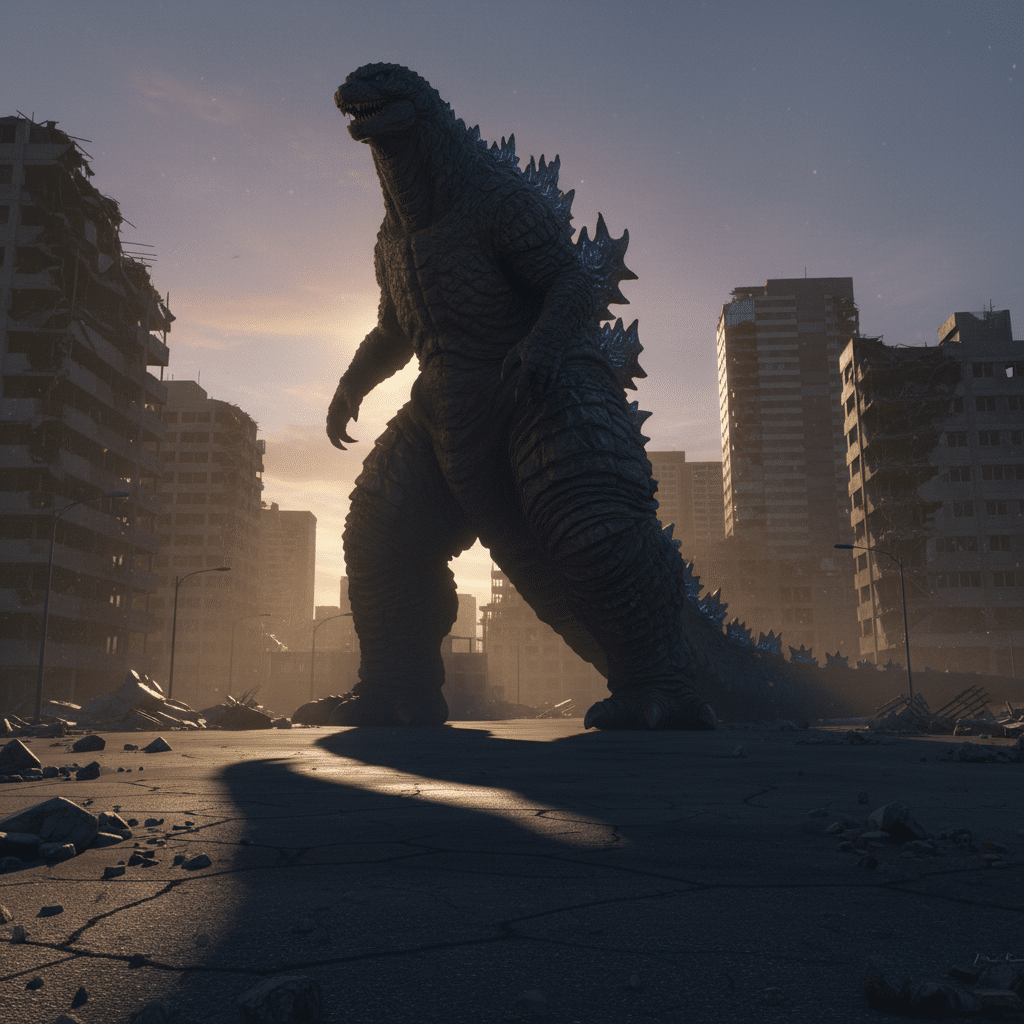 ai-photo-studio-1763144286200-2 Giant monster standing amid city ruins at dusk, highlighting its dramatic silhouette against a dim sky as sunlight peeks through buildings. | Sky Rye Design Giant monster standing amid city ruins at dusk, highlighting its dramatic silhouette against a dim sky as sunlight peeks through buildings.