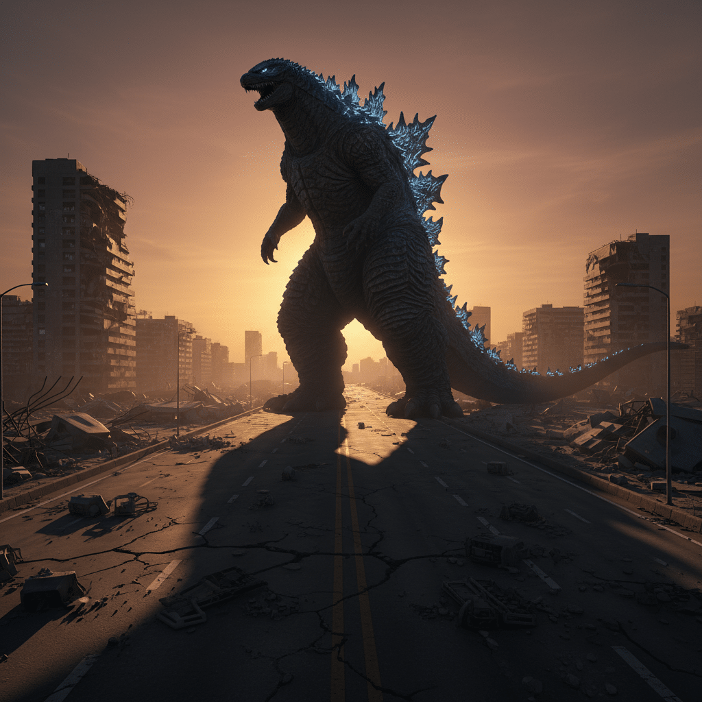 ai-photo-studio-1763144319068-1 Giant monster stands in destroyed city at sunrise, casting a long shadow amidst crumbling buildings and cracked pavement. | Sky Rye Design Giant monster stands in destroyed city at sunrise, casting a long shadow amidst crumbling buildings and cracked pavement.