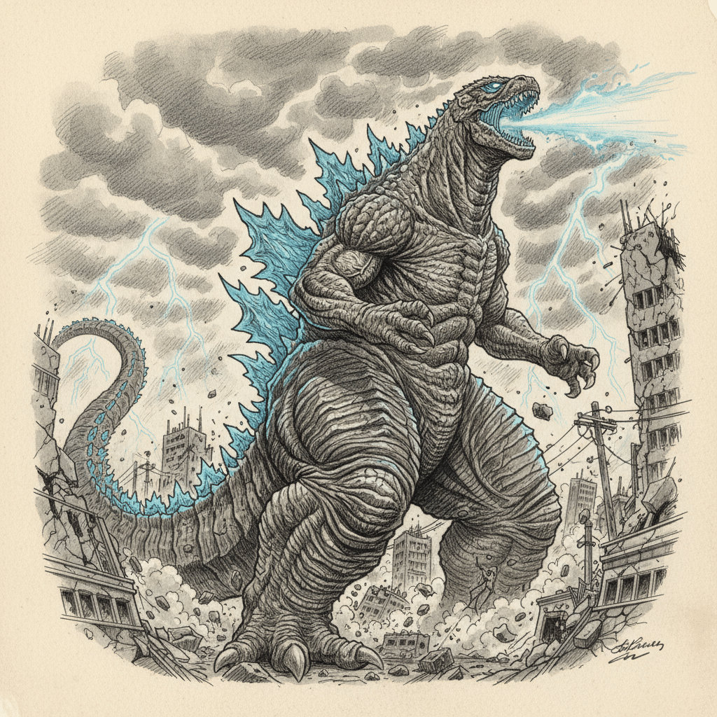 ai-photo-studio-1763144503689-1 Giant monster with blue spikes breathes fire, towering over a city in ruins under a stormy sky, showcasing destruction and power. | Sky Rye Design Giant monster with blue spikes breathes fire, towering over a city in ruins under a stormy sky, showcasing destruction and power. Elevate your artwork with expert guidance. Discover 7 professional techniques to create an impactful godzilla drawing that captures the titan's essence. Godzilla drawing