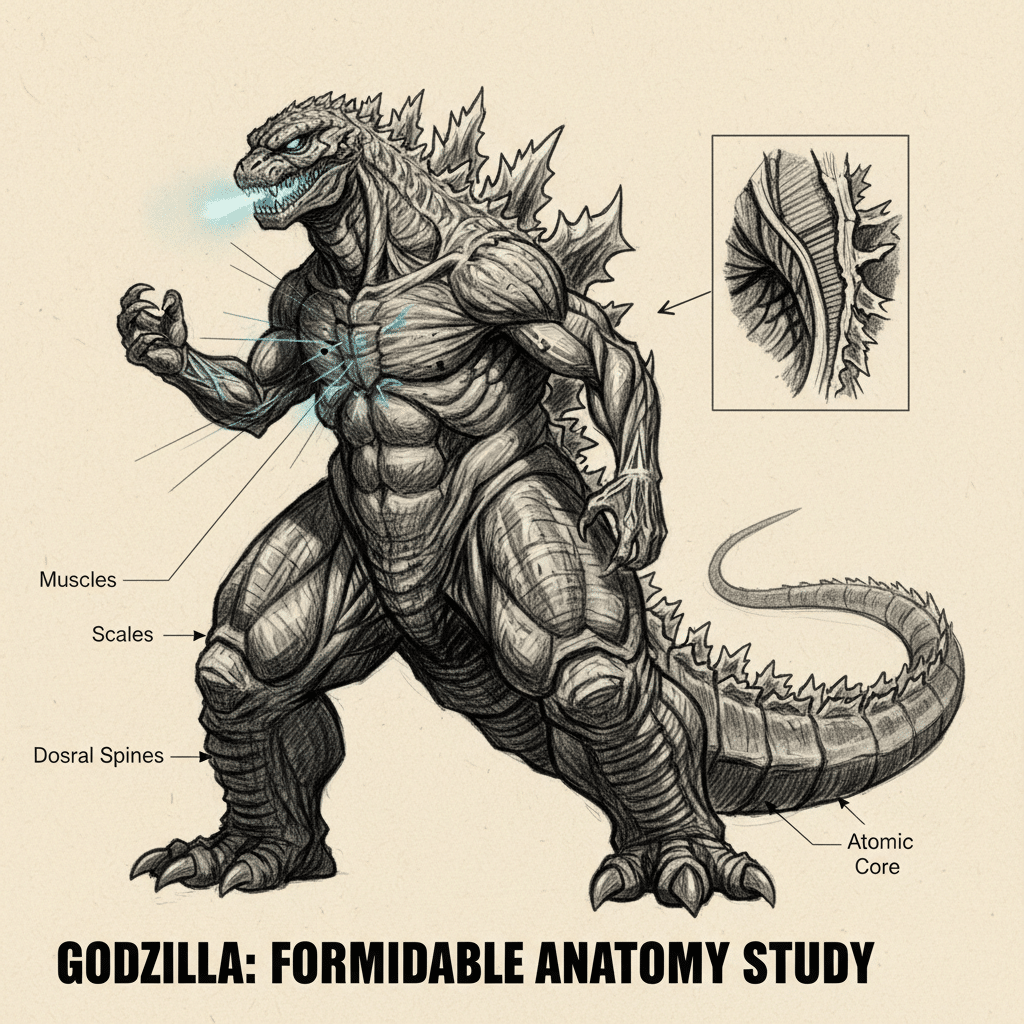 ai-photo-studio-1763144504968-2 Detailed Godzilla anatomy study showcasing muscles, scales, dorsal spines, and atomic core with labeled sections. | Sky Rye Design Detailed Godzilla anatomy study showcasing muscles, scales, dorsal spines, and atomic core with labeled sections.