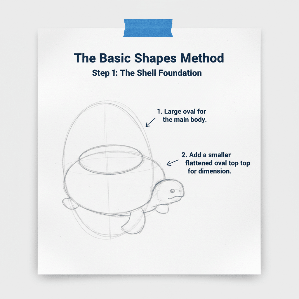 ai-photo-studio-1763153119323-2 Sketch guide on how to draw a turtle using basic shapes: large oval for body, smaller flattened oval for dimension. Step 1 of the process. | Sky Rye Design Sketch guide on how to draw a turtle using basic shapes: large oval for body, smaller flattened oval for dimension. Step 1 of the process.