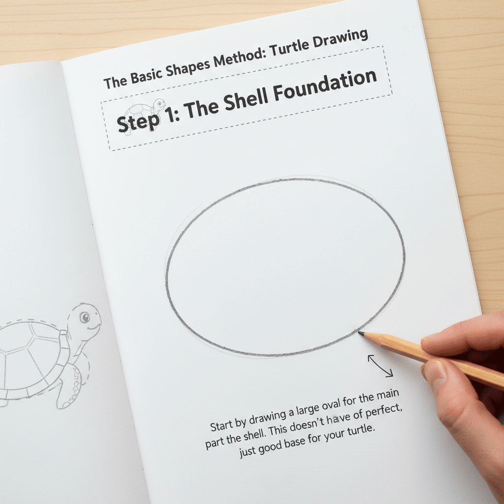 ai-photo-studio-1763153157345-1 Hand drawing an oval on paper for a turtle shell, step 1 of turtle drawing using basic shapes method. | Sky Rye Design Hand drawing an oval on paper for a turtle shell, step 1 of turtle drawing using basic shapes method.