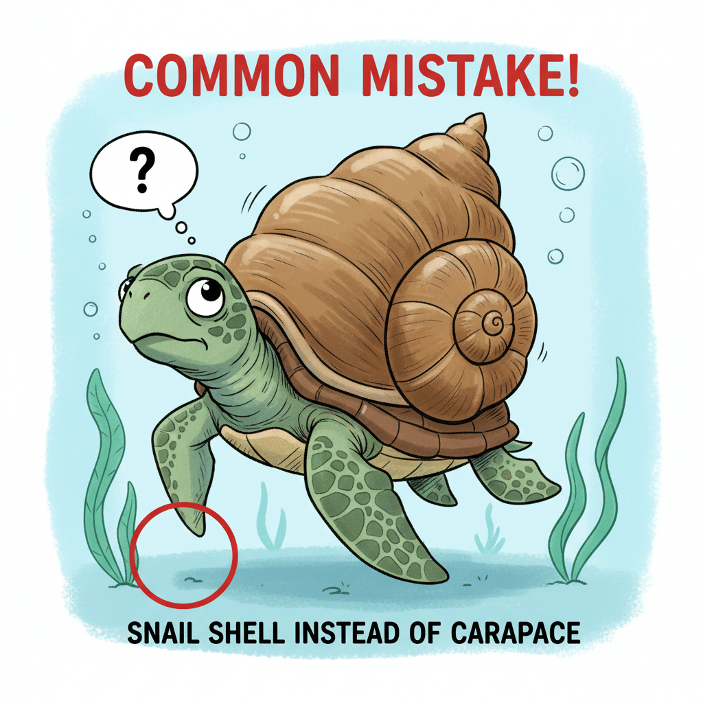 ai-photo-studio-1763153754322-2 Cartoon turtle with a snail shell instead of a carapace, highlighting a common mistake. Thought bubble and red circle emphasize the error. | Sky Rye Design Cartoon turtle with a snail shell instead of a carapace, highlighting a common mistake. Thought bubble and red circle emphasize the error.