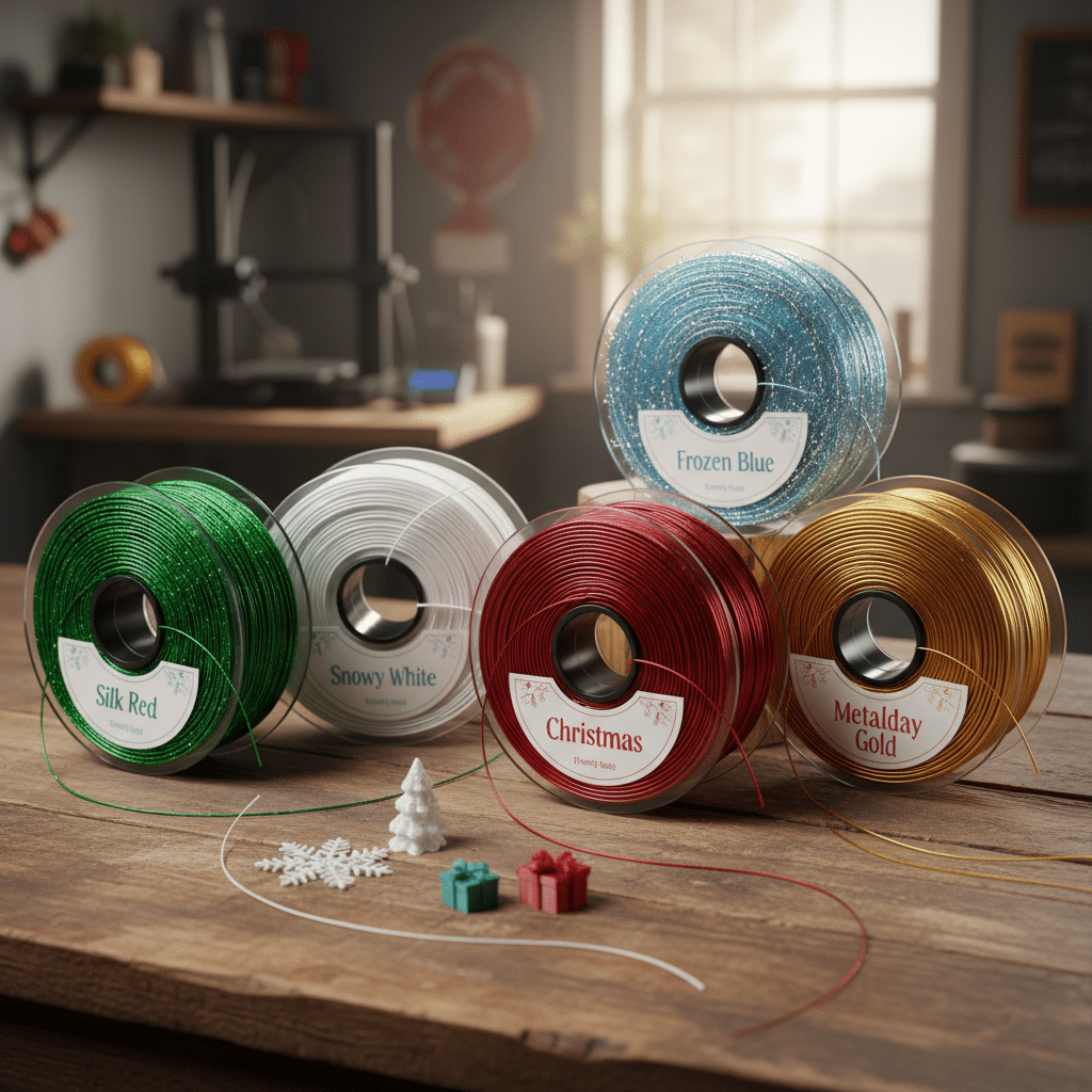 Colorful 3D printer filaments in shades: Silk Red, Snowy White, Frozen Blue, Christmas Red, Metaldy Gold, perfect for holiday crafting.