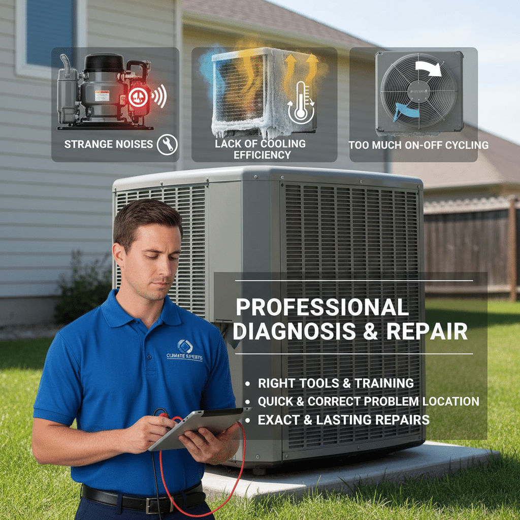 ai-photo-studio-1763383486189-1 Technician diagnosing air conditioning unit issues like strange noises and cooling inefficiency for professional repair services. | Sky Rye Design Technician diagnosing air conditioning unit issues like strange noises and cooling inefficiency for professional repair services.