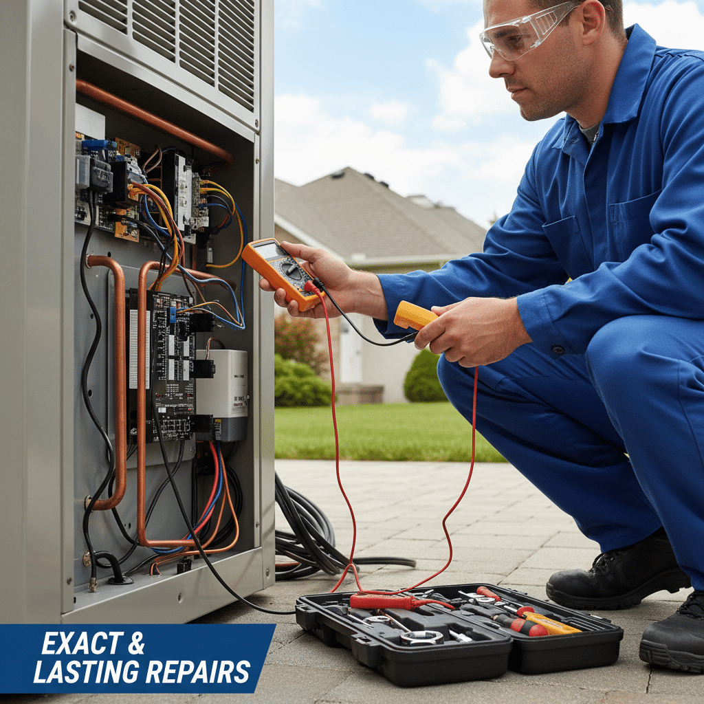 ai-photo-studio-1763383499356-1 Technician in blue coveralls using a multimeter on HVAC unit outdoors near a tool kit with the text Exact & Lasting Repairs. | Sky Rye Design Technician in blue coveralls using a multimeter on HVAC unit outdoors near a tool kit with the text Exact & Lasting Repairs.