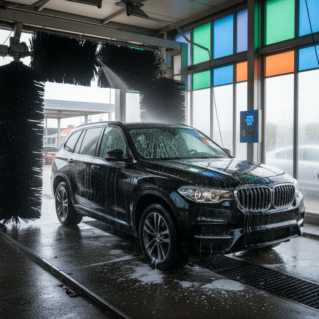 ai-photo-studio-1763407086615-1 Black SUV getting washed at an automatic car wash, covered in soap and water, under a colorful window canopy. | Sky Rye Design Black SUV getting washed at an automatic car wash, covered in soap and water, under a colorful window canopy.