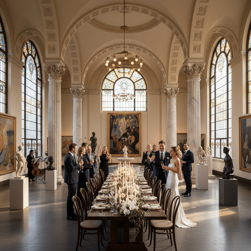 ai-photo-studio-1763409171959-1 Elegant wedding reception in an art gallery with a long table, tall candles, and guests clapping in a grand hall with stained glass windows. | Sky Rye Design Elegant wedding reception in an art gallery with a long table, tall candles, and guests clapping in a grand hall with stained glass windows.