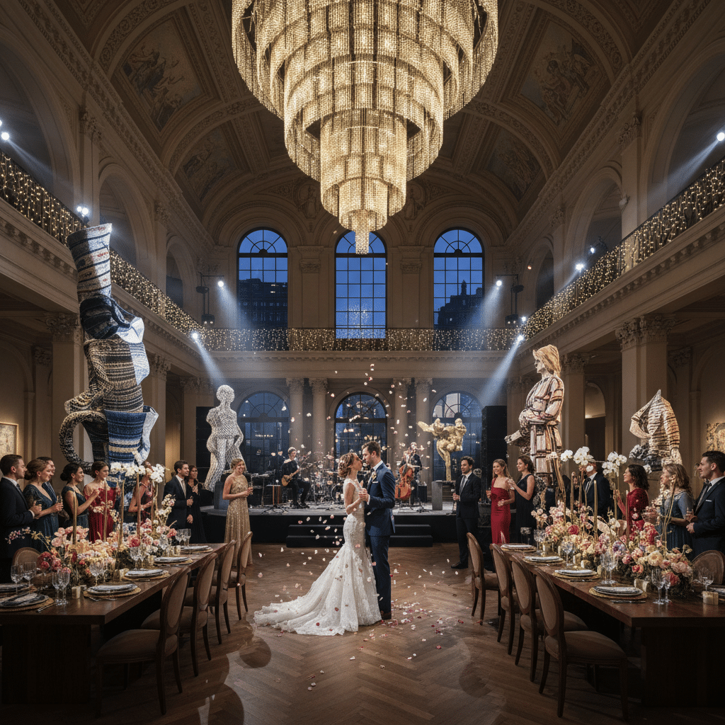 ai-photo-studio-1763409173294-2 A couple dances under a grand chandelier in an elegant, flower-adorned ballroom, surrounded by guests and sculptures. | Sky Rye Design A couple dances under a grand chandelier in an elegant, flower-adorned ballroom, surrounded by guests and sculptures.