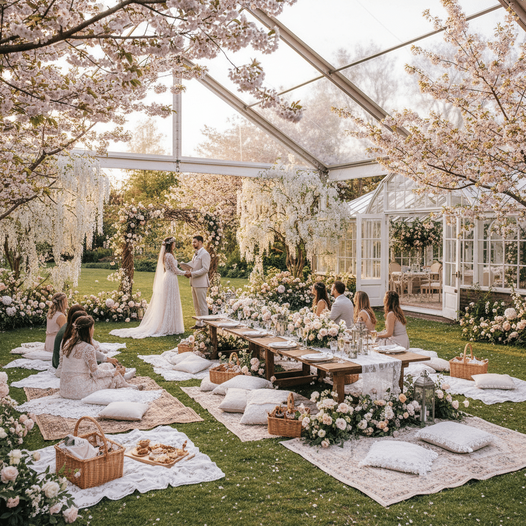 ai-photo-studio-1763409225598-1 Outdoor wedding ceremony under blooming cherry blossoms with elegant picnic setup, surrounded by flowers and a clear tent. | Sky Rye Design Outdoor wedding ceremony under blooming cherry blossoms with elegant picnic setup, surrounded by flowers and a clear tent.