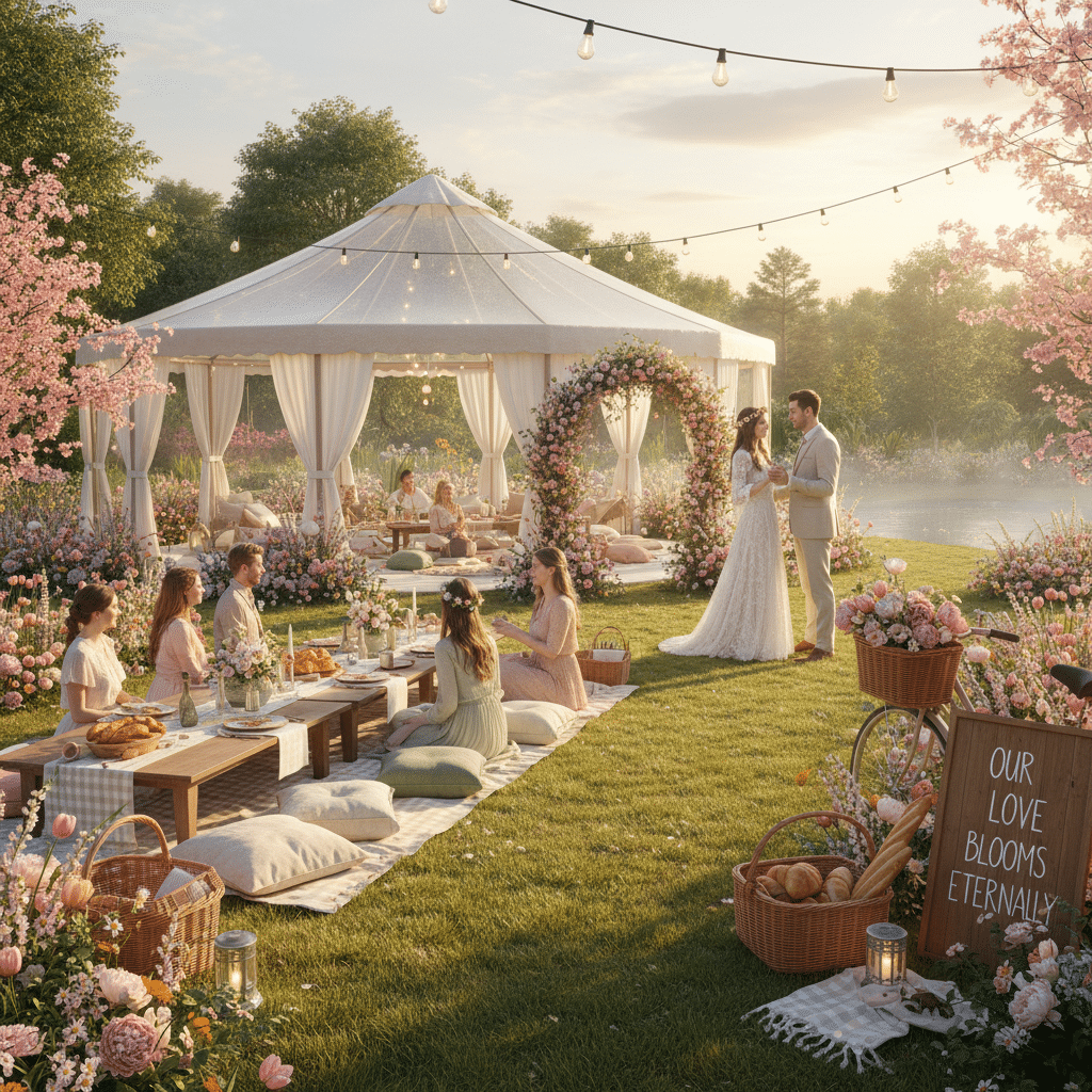 ai-photo-studio-1763409235712-1 Romantic outdoor wedding scene with a couple under a floral arch, picnic-style seating, and a sign reading Our Love Blooms Eternally. | Sky Rye Design Romantic outdoor wedding scene with a couple under a floral arch, picnic-style seating, and a sign reading Our Love Blooms Eternally.