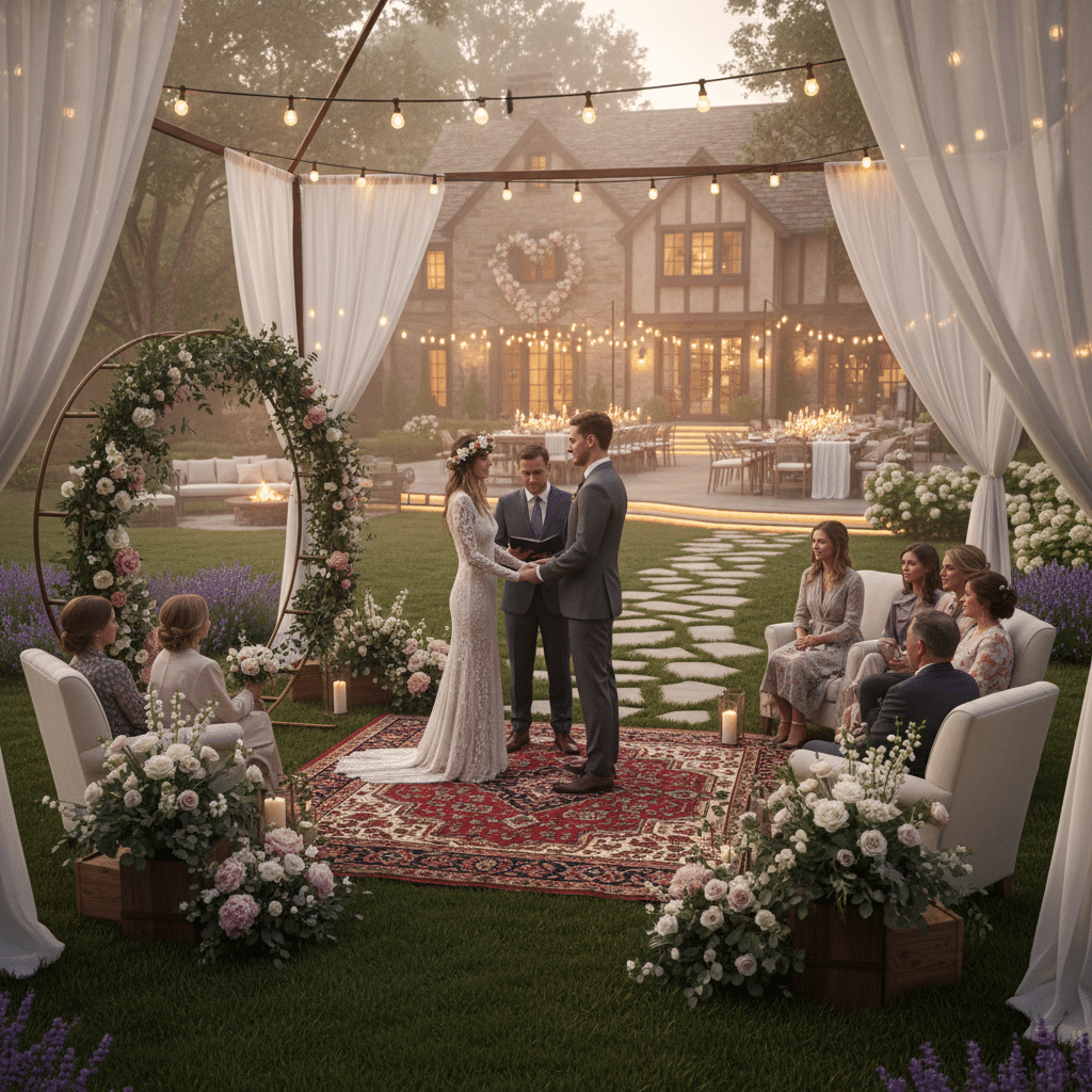 ai-photo-studio-1763409366692-1 Bride and groom exchange vows in an enchanting garden wedding, surrounded by guests and floral decor at a rustic estate. | Sky Rye Design Bride and groom exchange vows in an enchanting garden wedding, surrounded by guests and floral decor at a rustic estate.