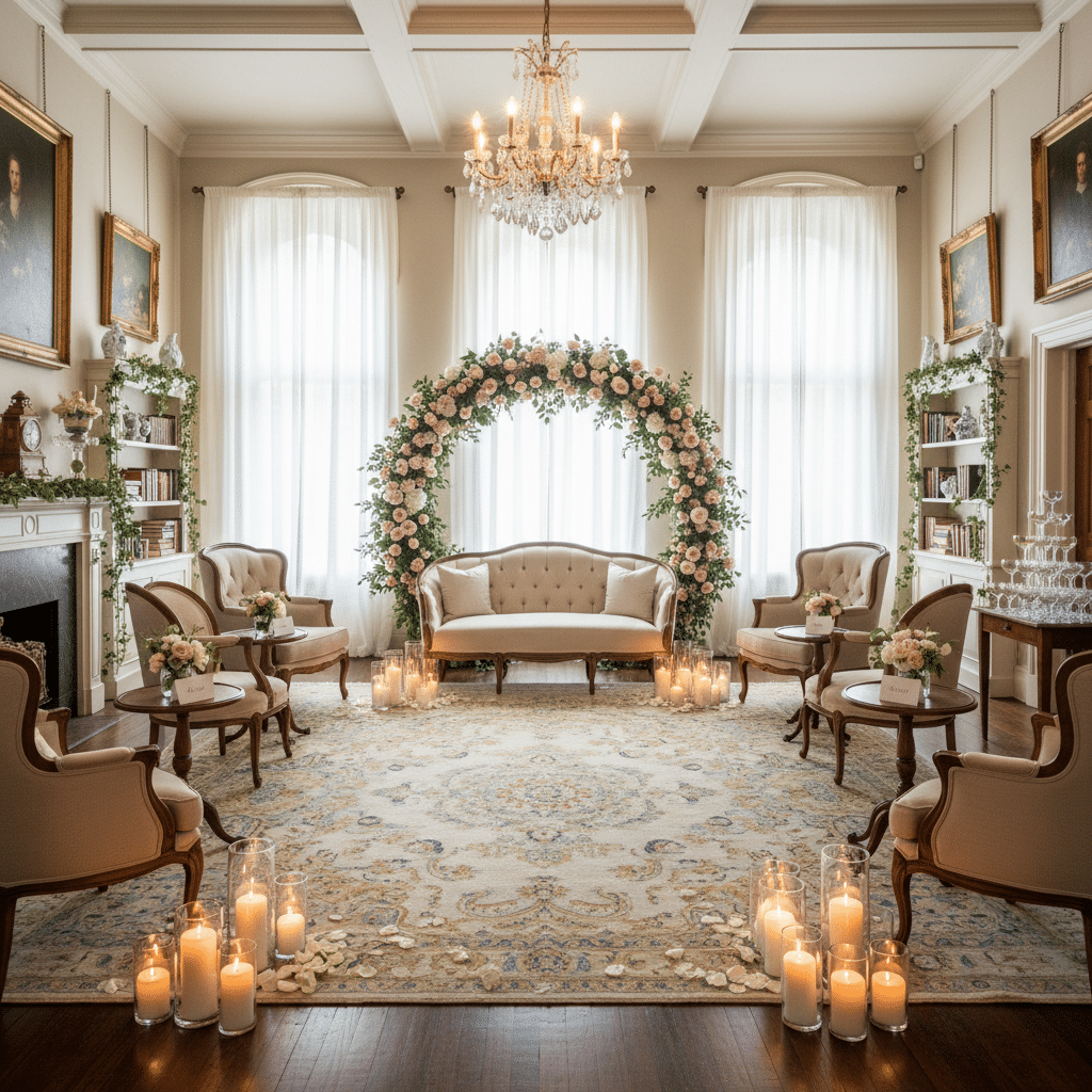 ai-photo-studio-1763409368409-2 Elegant wedding venue with floral arch, vintage furniture, candles, and a chandelier, perfect for a romantic indoor ceremony. | Sky Rye Design Elegant wedding venue with floral arch, vintage furniture, candles, and a chandelier, perfect for a romantic indoor ceremony.